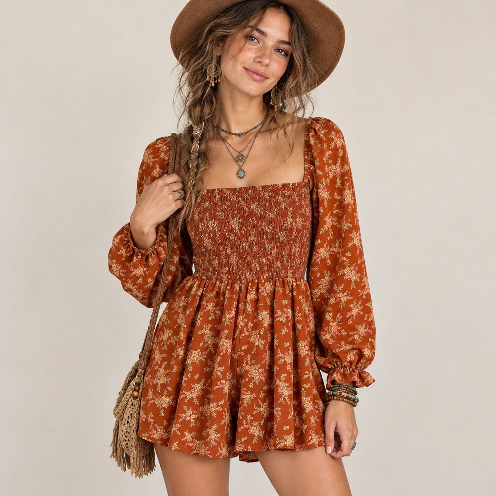 Altar'd State Rust Orange Floral Smocked Romper Shorts Dress Long Sleeve Sz M